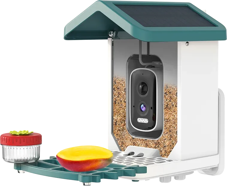 Happy Birdy smart bird feeder with its perch and feeding accessories